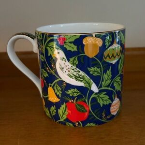 Christmas Mug with white doves and holiday tree ornaments